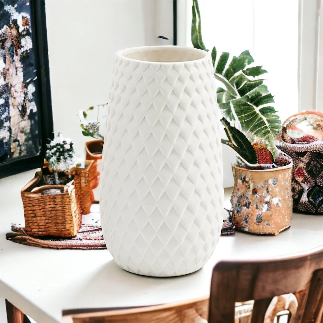 Diamond Weave White Ceramic Vase