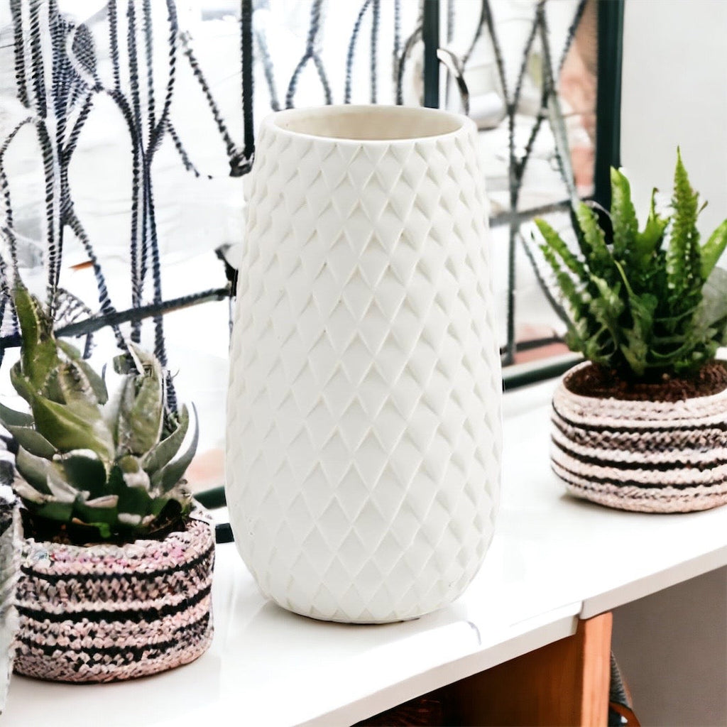 Diamond Weave White Ceramic Vase