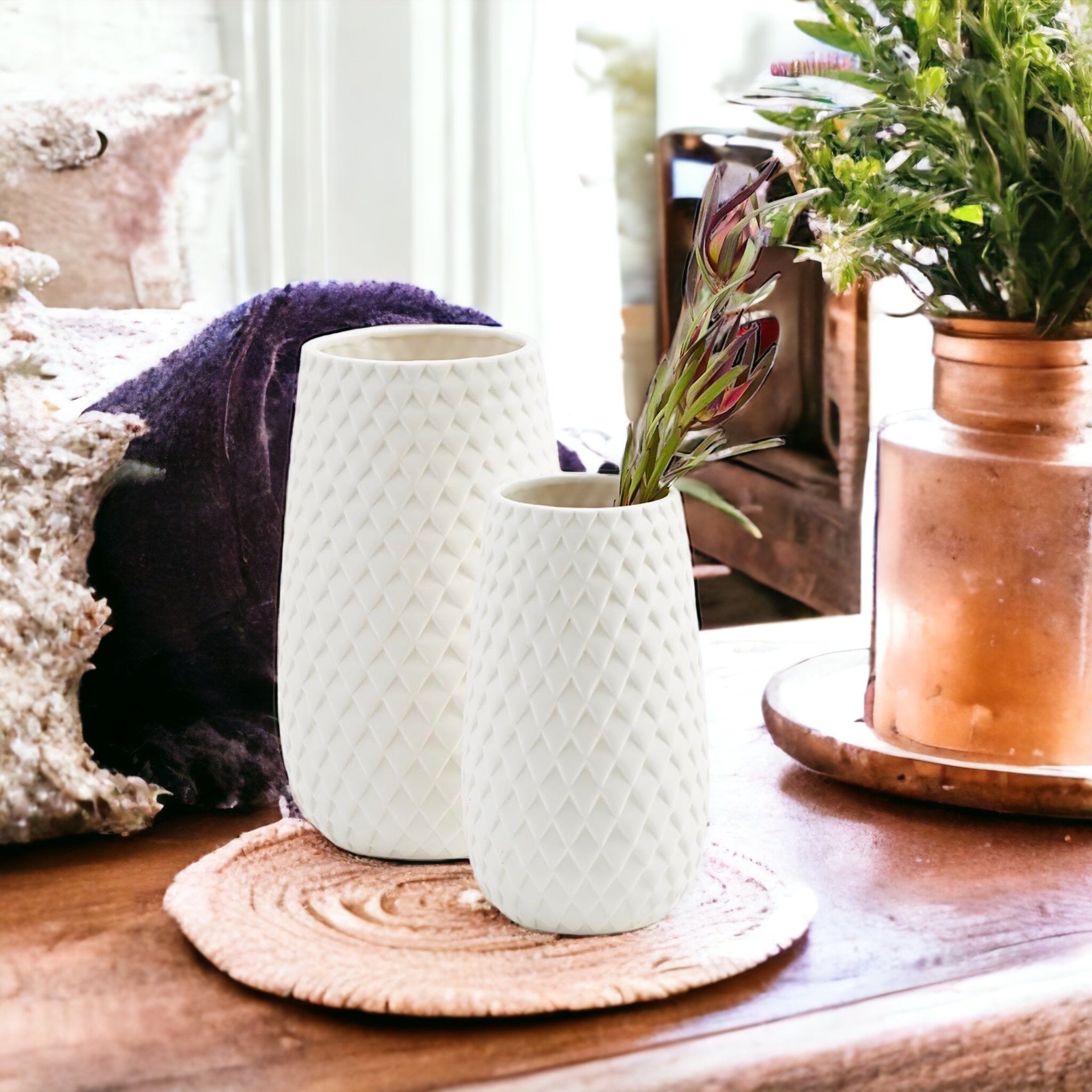 Diamond Weave White Ceramic Vase