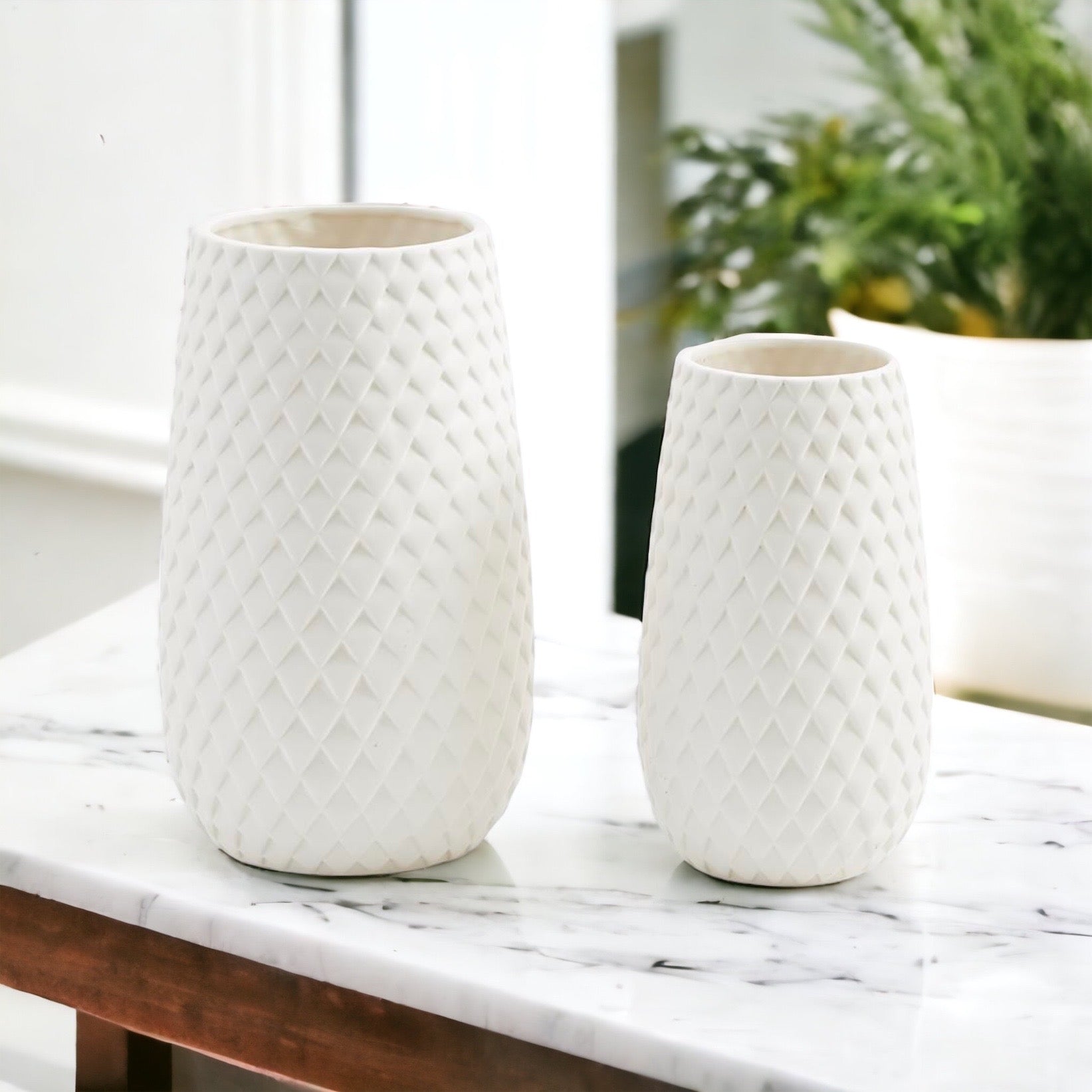 Diamond Weave White Ceramic Vase