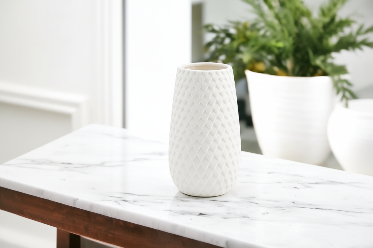 Diamond Weave White Ceramic Vase