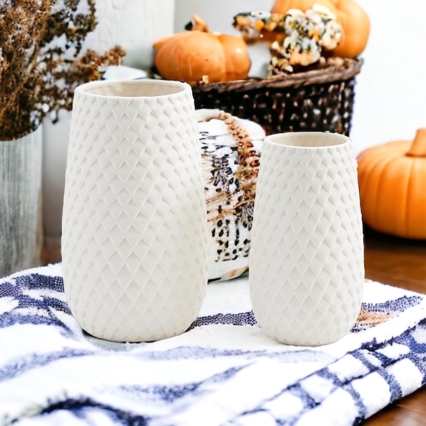 Diamond Weave White Ceramic Vase