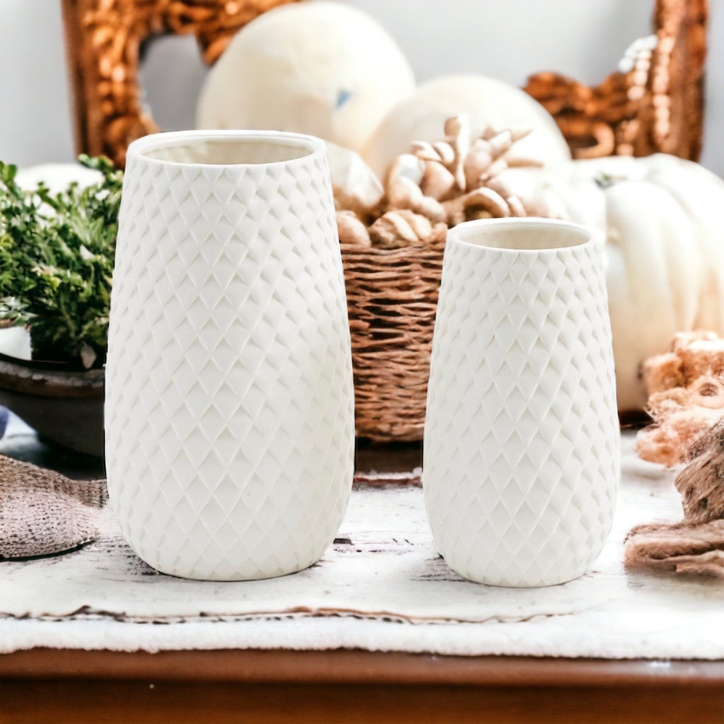 Diamond Weave White Ceramic Vase