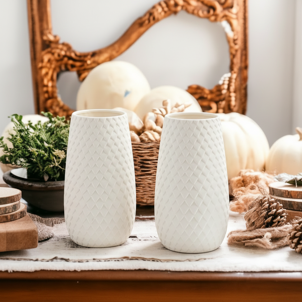 Diamond Weave White Ceramic Vase