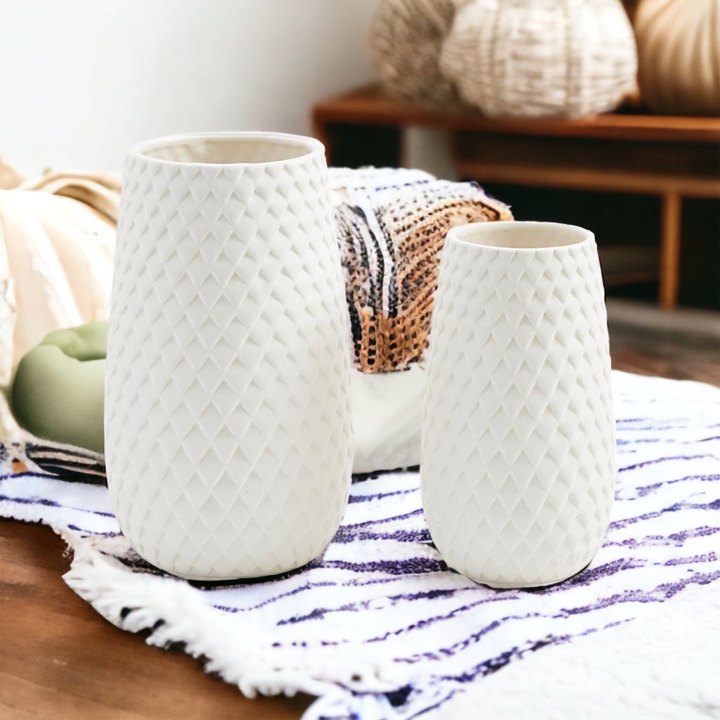 Diamond Weave White Ceramic Vase