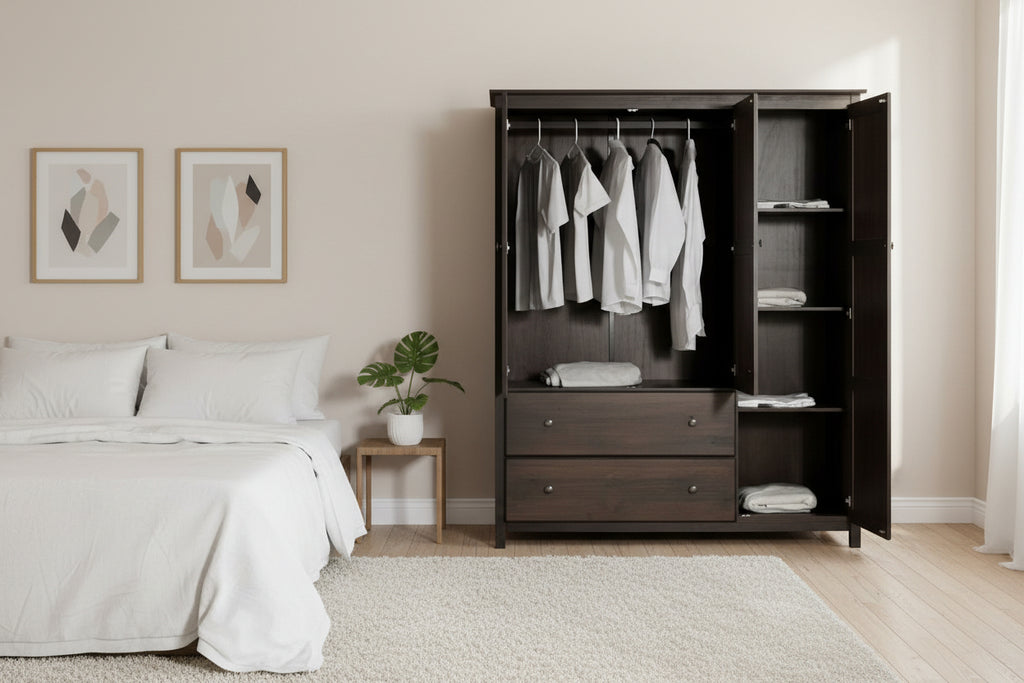 Wooden wardrobe with clothes hanging and folded inside, on a white background