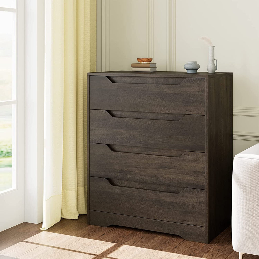 Dark wood dresser with three drawers in a room with a window and curtains.