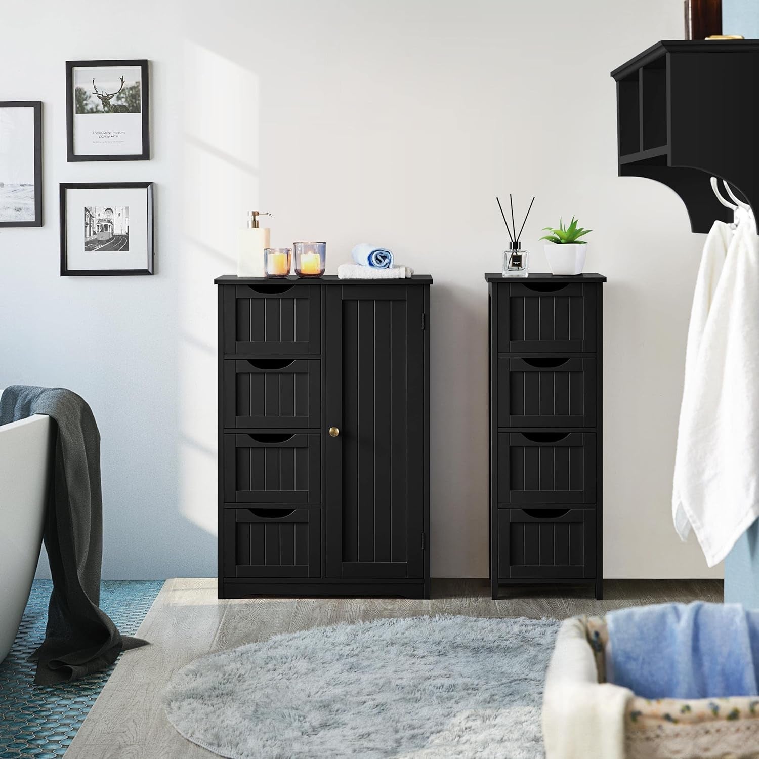 Bathroom Floor Storage Cabinet — 4 Drawers & Cupboard, Black