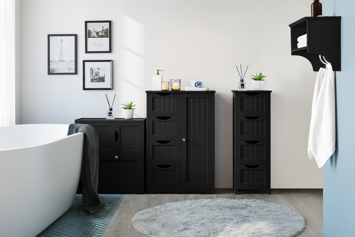 Bathroom Floor Storage Cabinet — 4 Drawers & Cupboard, Black