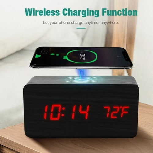 Wooden Alarm Clock with Wireless Charging