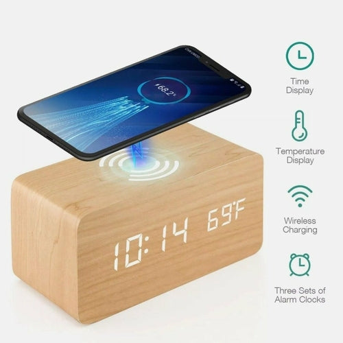 Wooden Alarm Clock with Wireless Charging