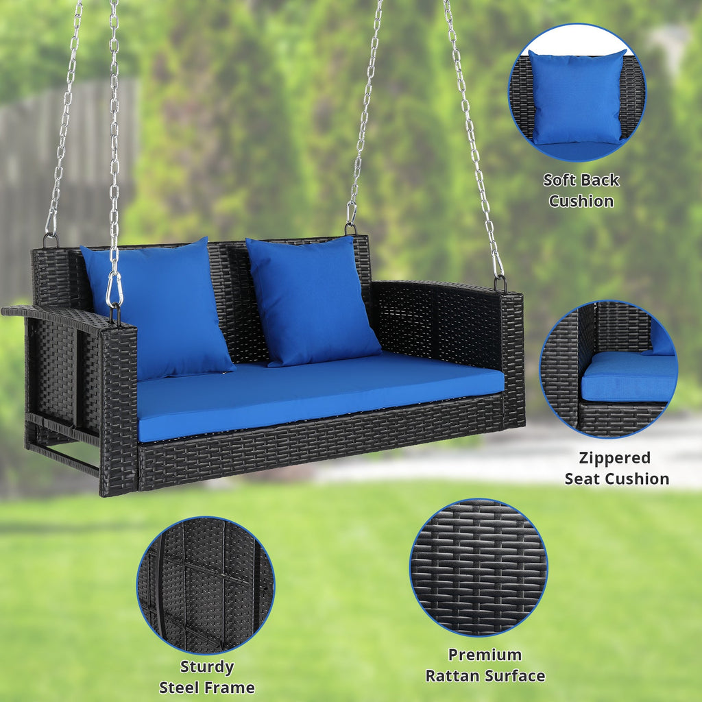 4ft Rattan Hanging Swing Chair with Blue Cushions