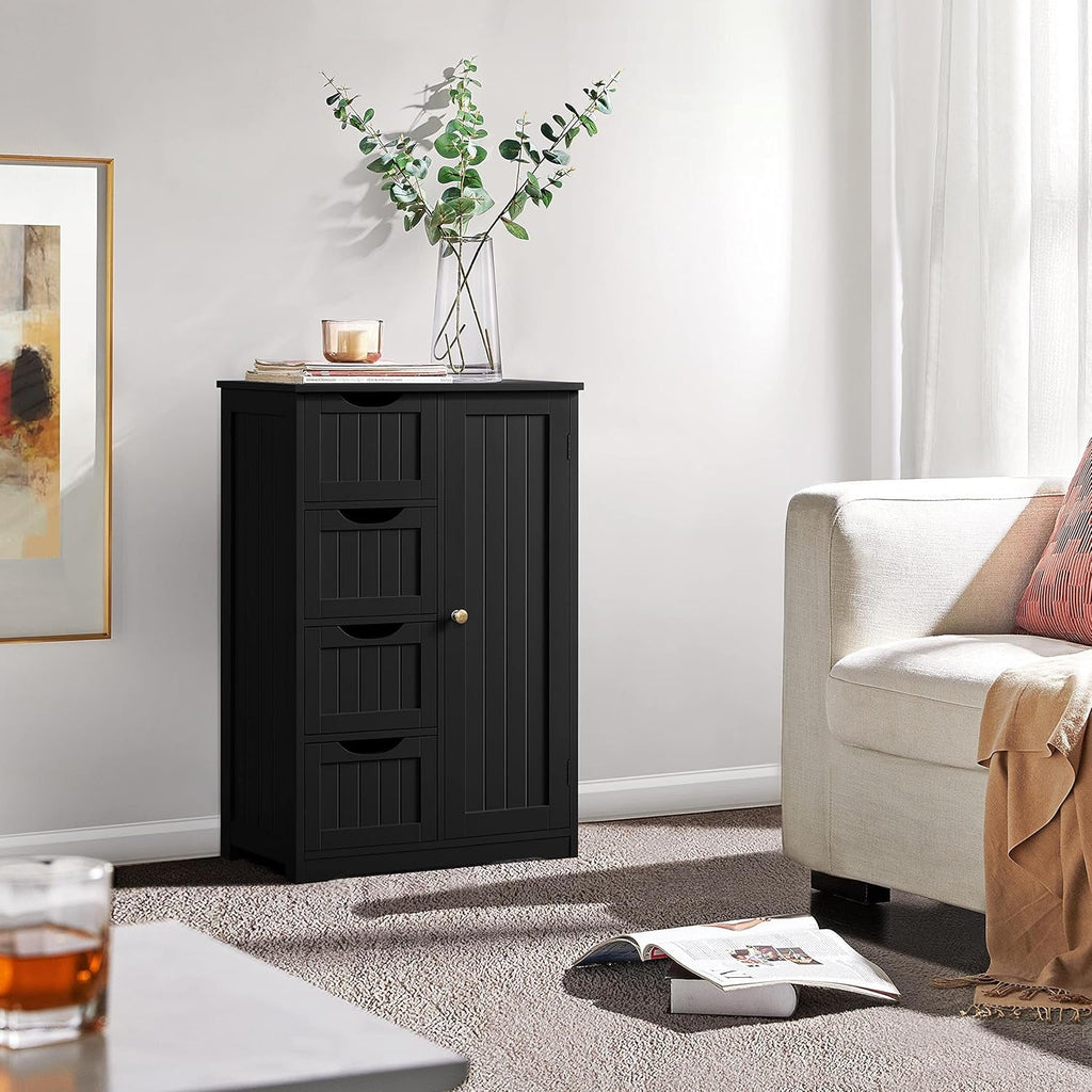 Bathroom Floor Storage Cabinet — 4 Drawers & Cupboard, Black