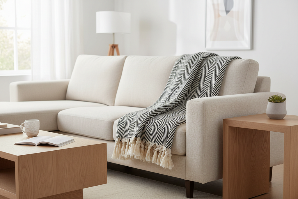 Beige sectional sofa with a striped blanket in a bright living room.