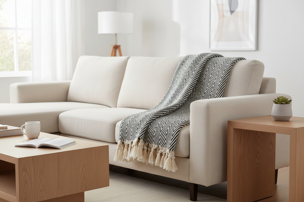 Beige sectional sofa with a striped blanket in a bright living room.