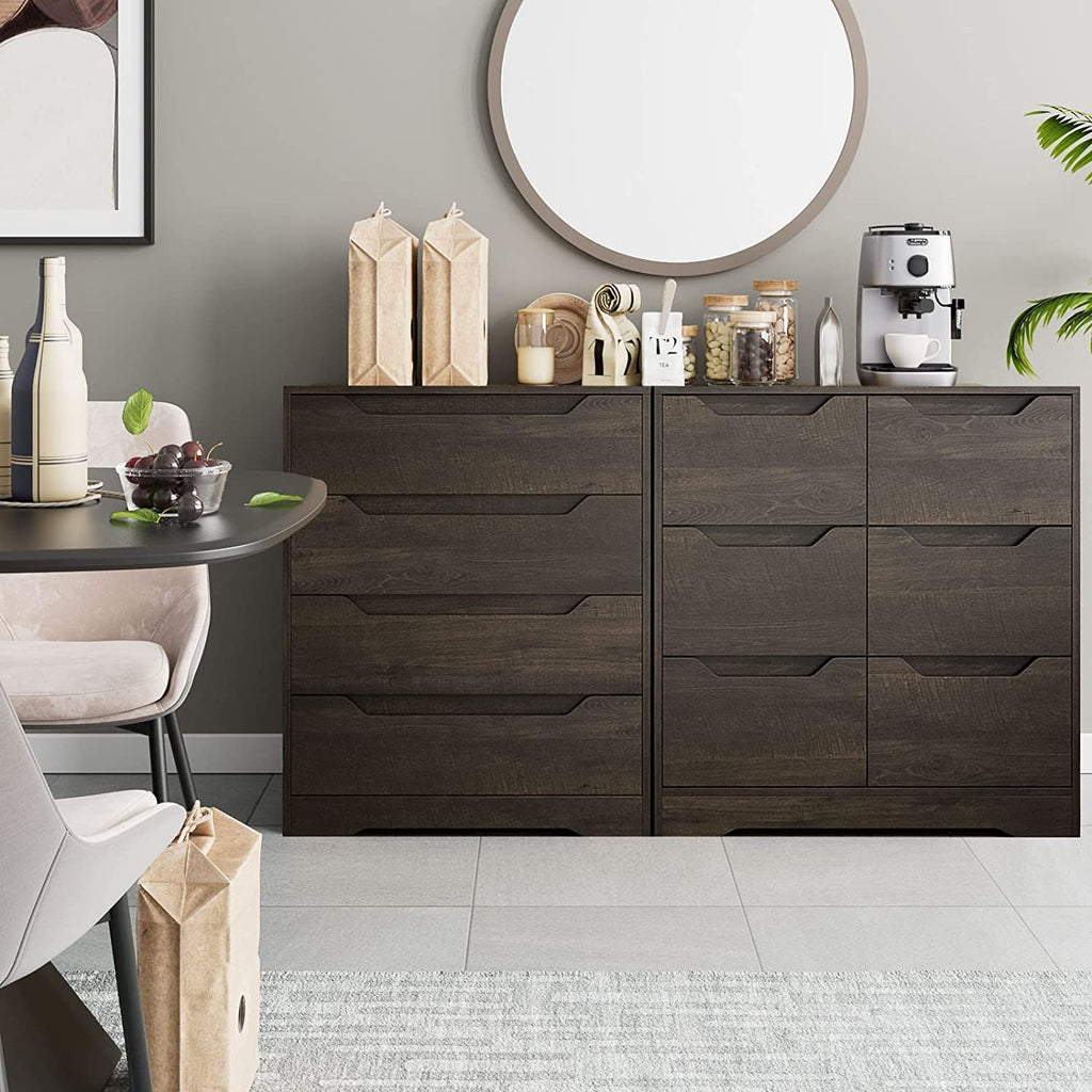 Dark wooden dresser in a room with a round mirror, coffee machine, and decorative items.