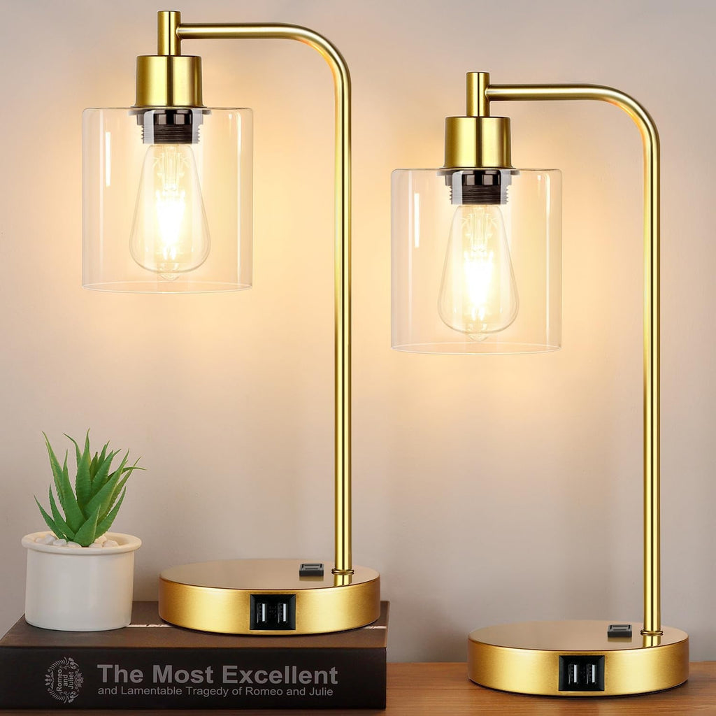 Two gold table lamps with glass shades on a wooden surface, featuring a plant and book in the background.