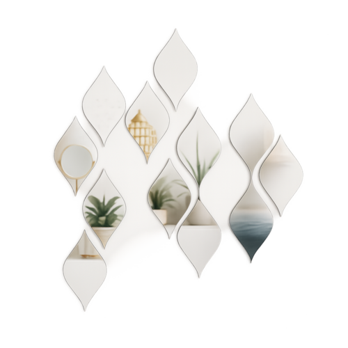 Decorative wall shelf with wavy design holding plants and decor items on a white background