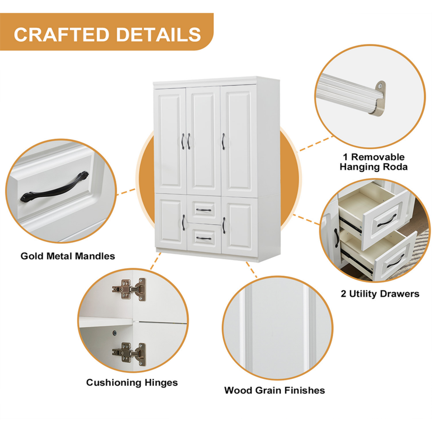 3-Door White Wardrobe with Drawers