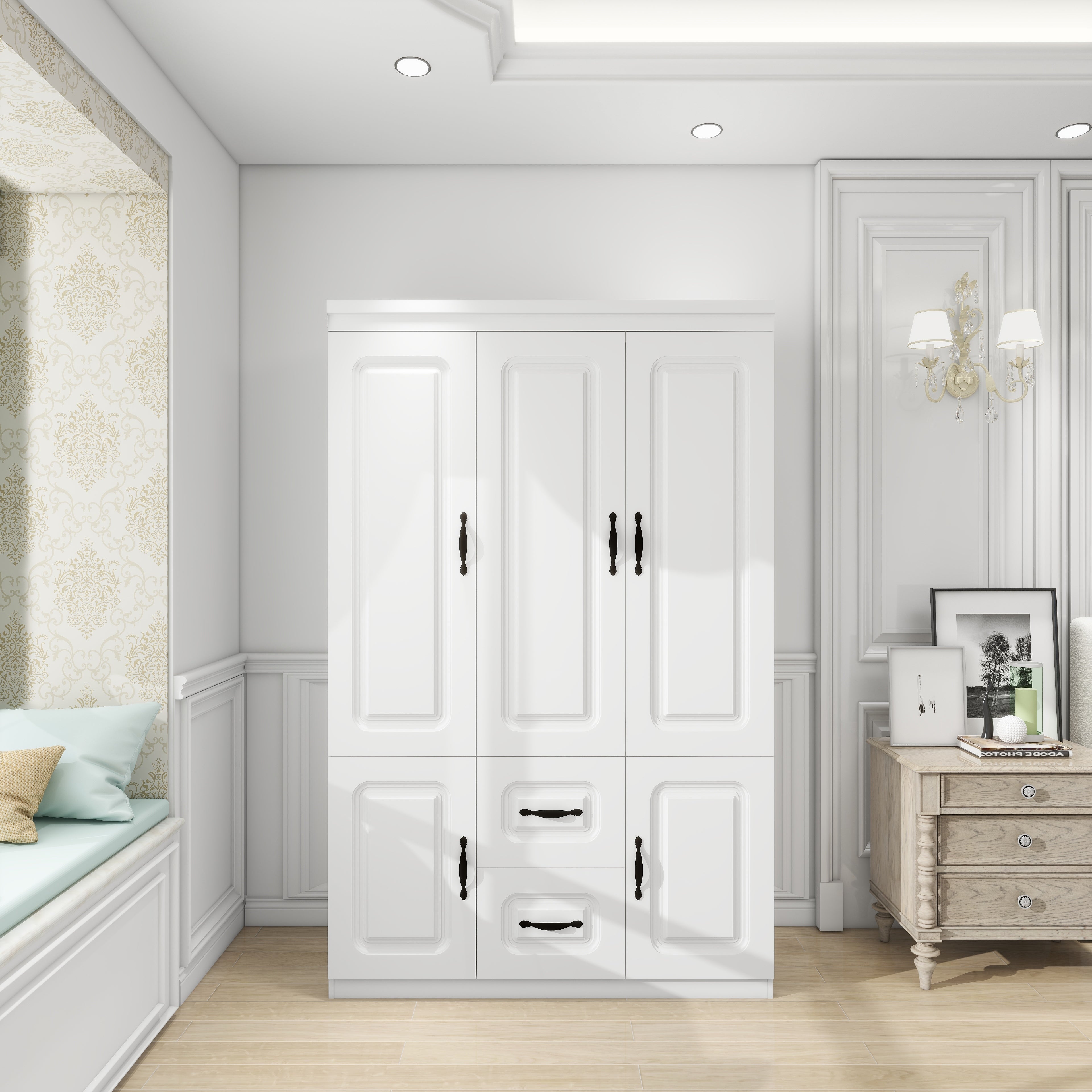 White wardrobe in a stylish bedroom with decorative elements.