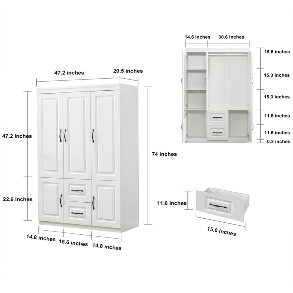 3-Door White Wardrobe with Drawers