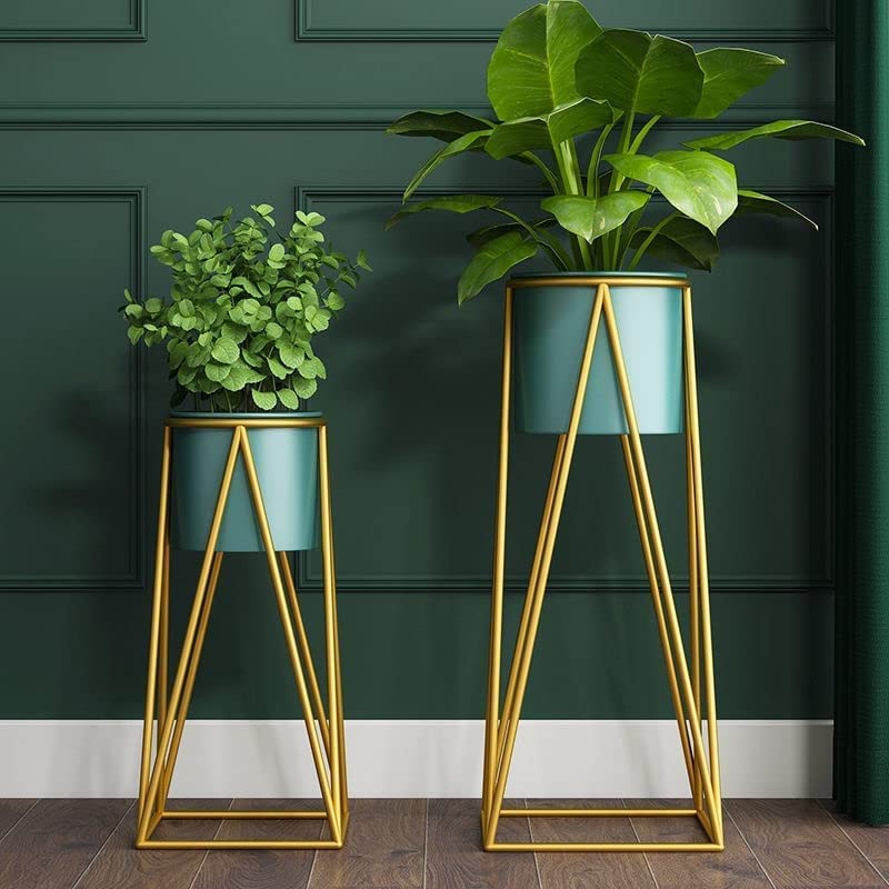 Gold Geometric Plant Stand Set with Green Pots