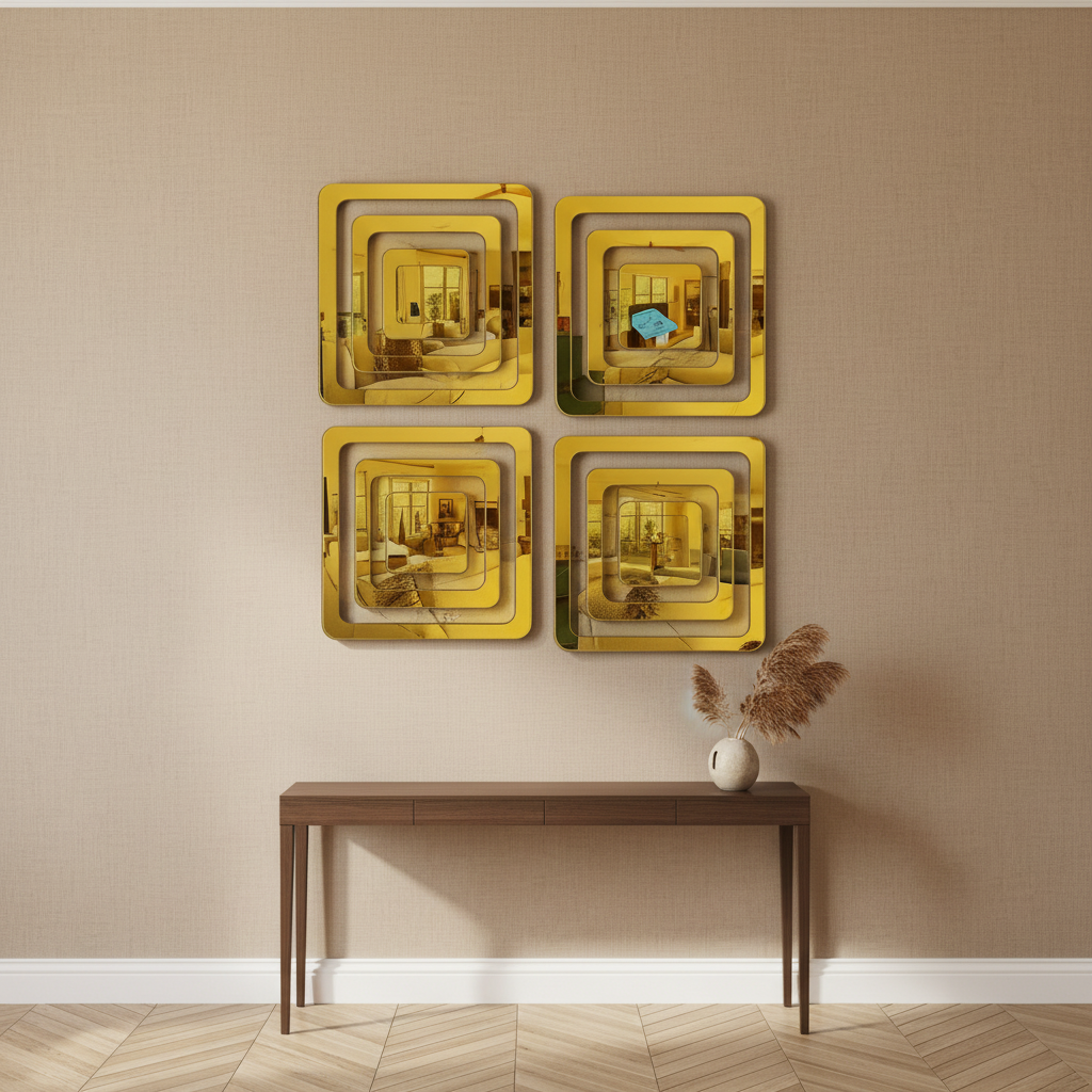 Gold-Framed Square Wall Mirrors — Set of 4