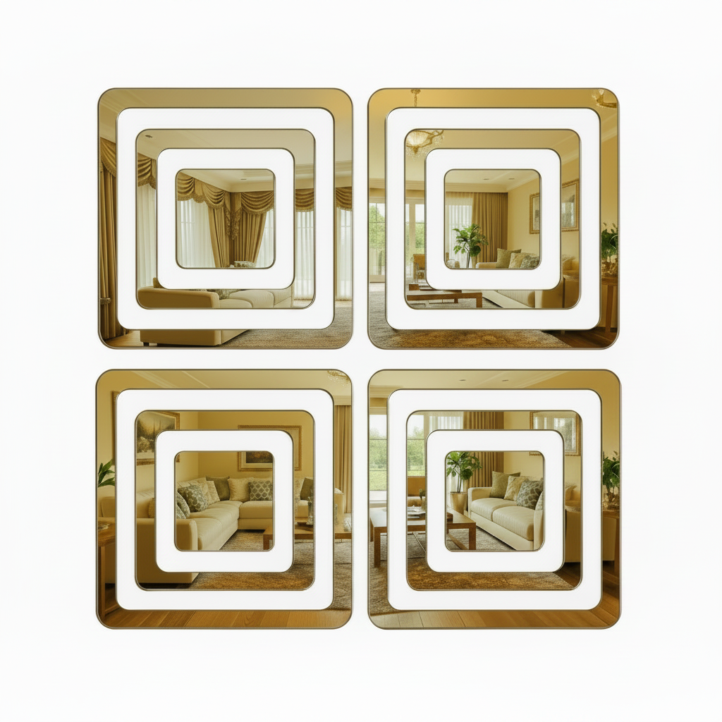 Gold-Framed Square Wall Mirrors — Set of 4