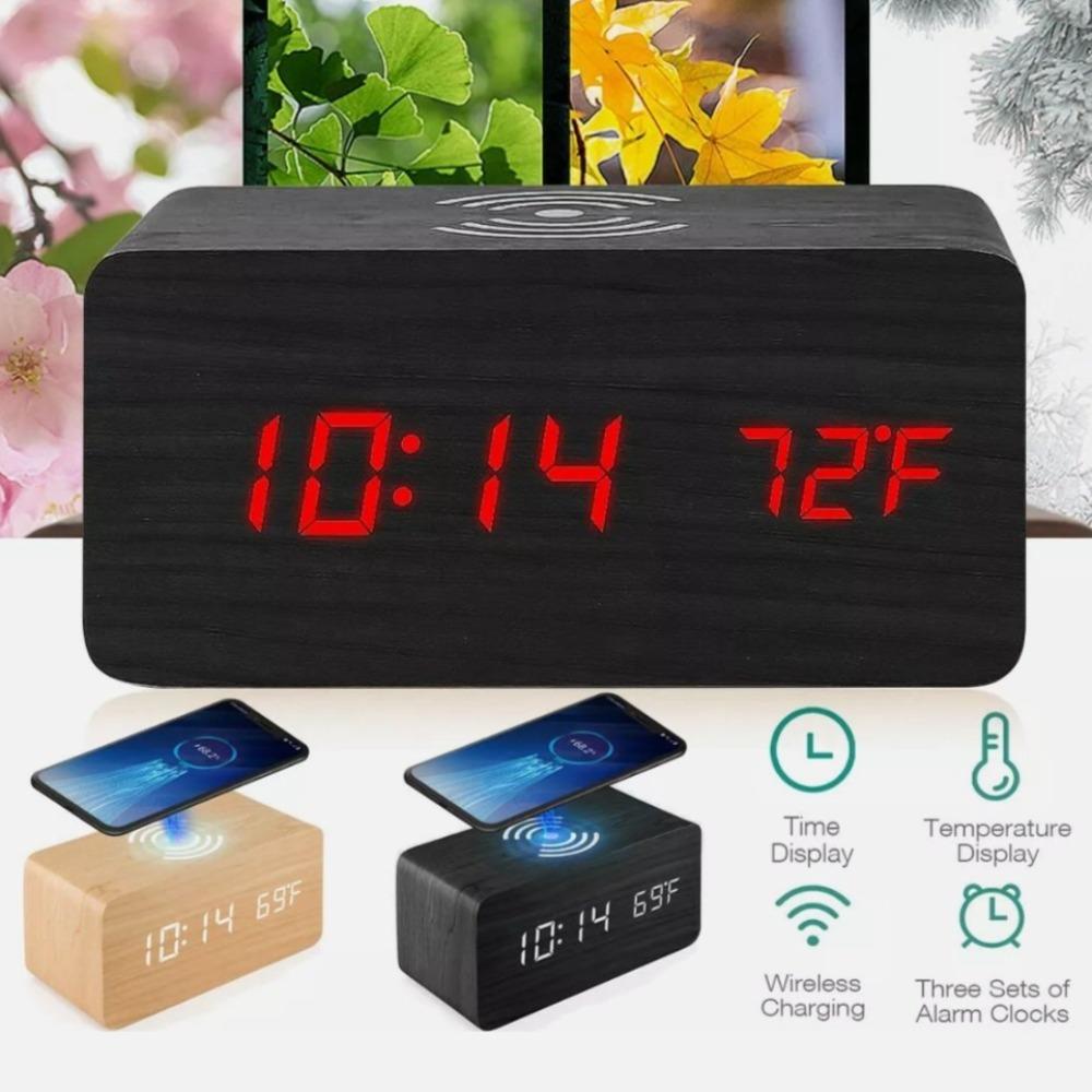 Wooden Alarm Clock with Wireless Charging