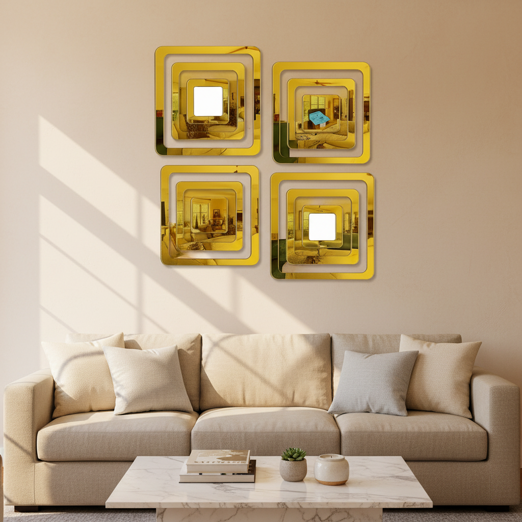 Gold-Framed Square Wall Mirrors — Set of 4