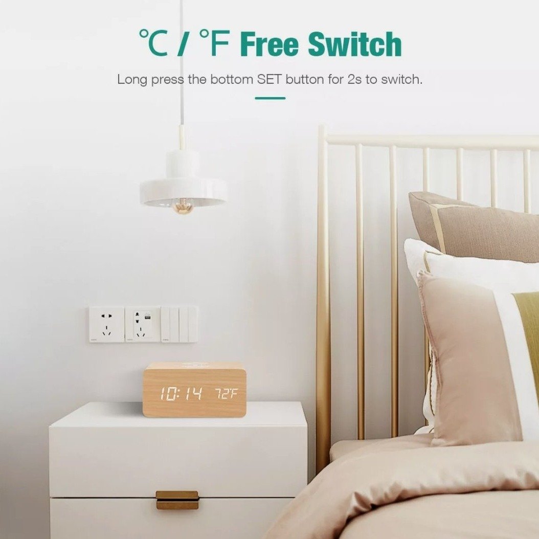 Wooden Alarm Clock with Wireless Charging