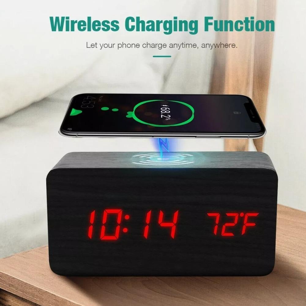 Wooden Alarm Clock with Wireless Charging