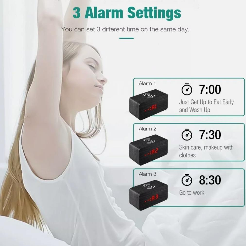 Wooden Alarm Clock with Wireless Charging