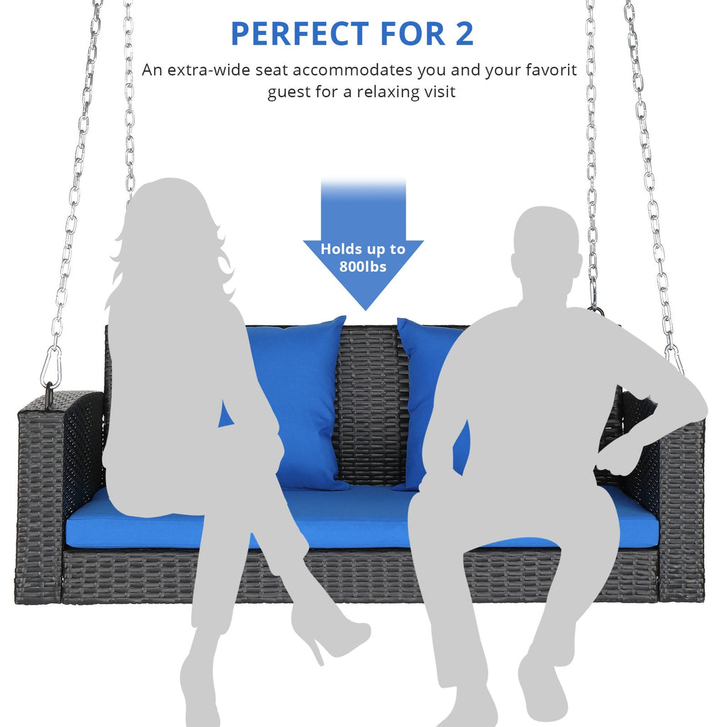4ft Rattan Hanging Swing Chair with Blue Cushions