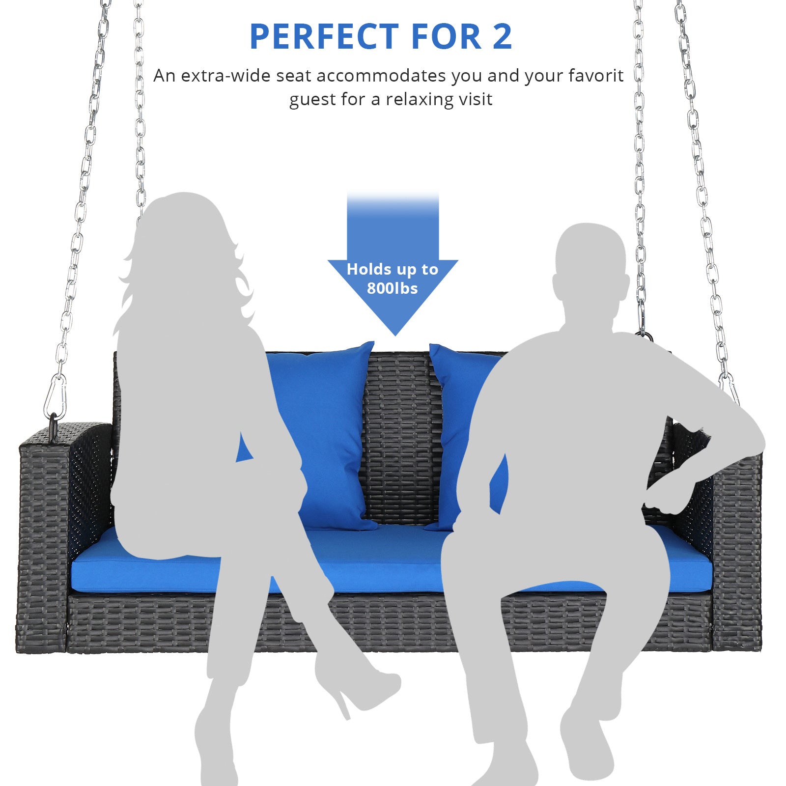 4ft Rattan Hanging Swing Chair with Blue Cushions