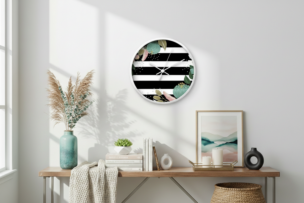 Wall clock with black and white striped design and floral elements on a white background