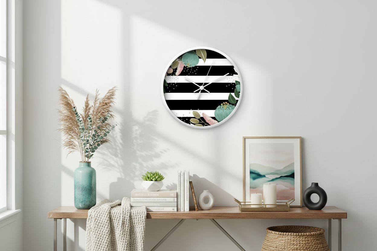 Wall clock with black and white striped design and floral elements on a white background