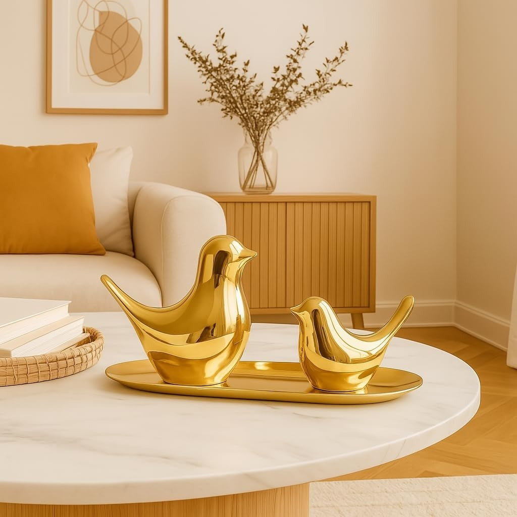 Golden Bird Couple Showpiece with Tray
