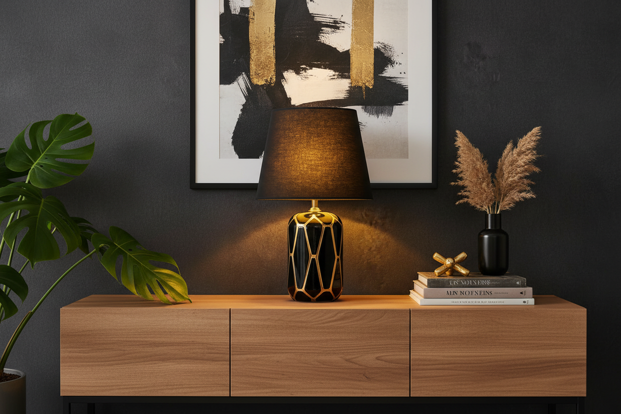 Ceramic Black & Gold Bedside Table Lamp