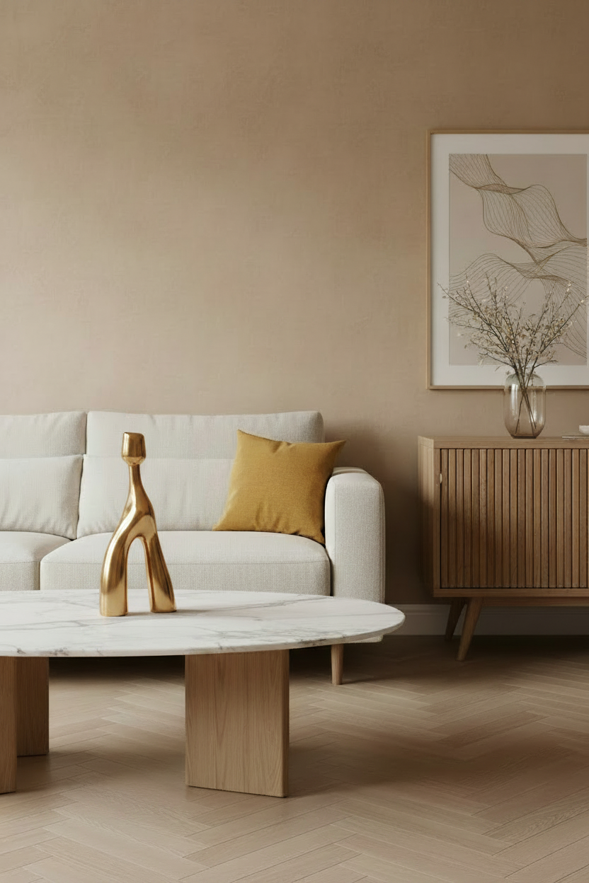 Modern living room with a white sofa, wooden coffee table, and decorative elements.