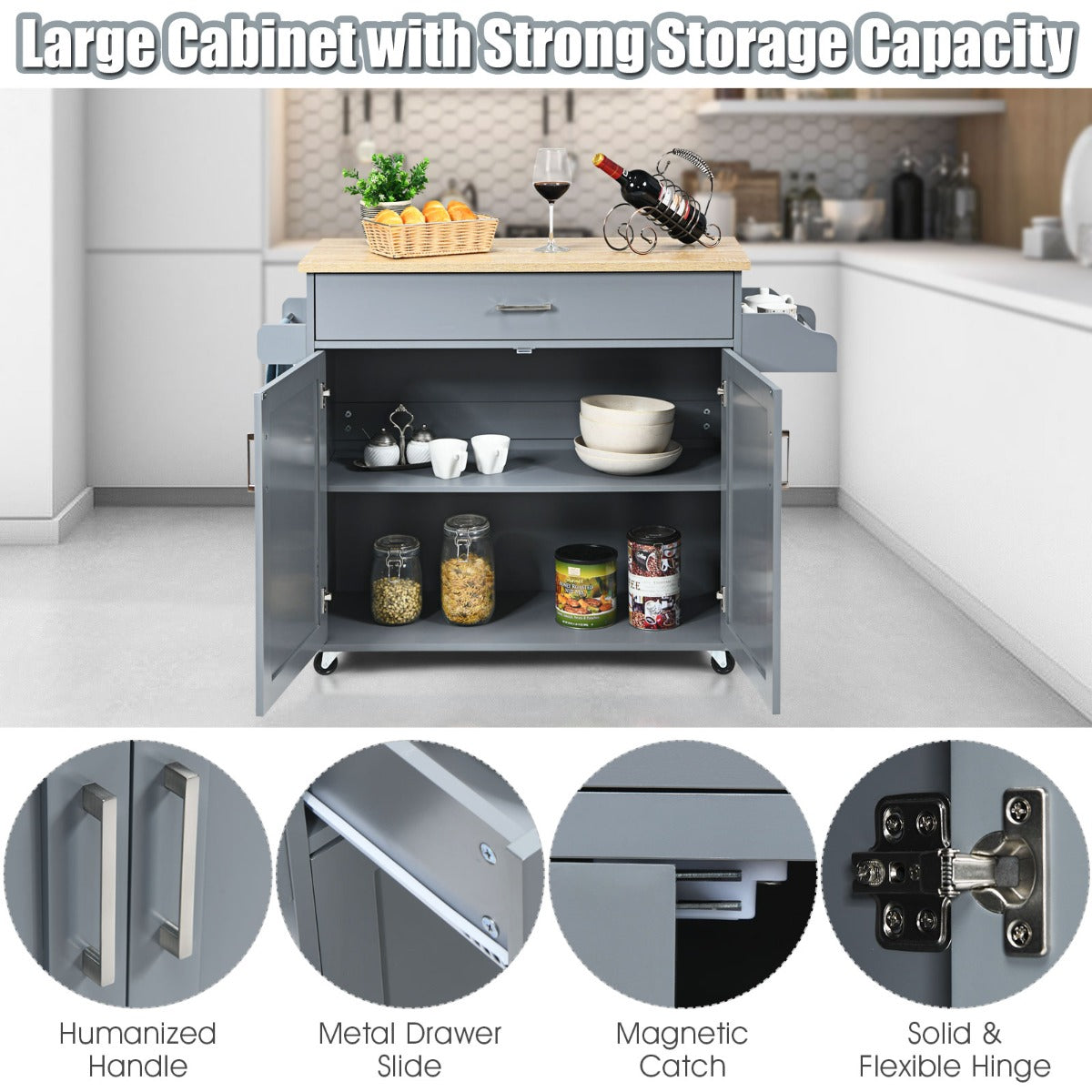 Kitchen Island Cart with Lockable Rubber Casters for Kitchen-Grey