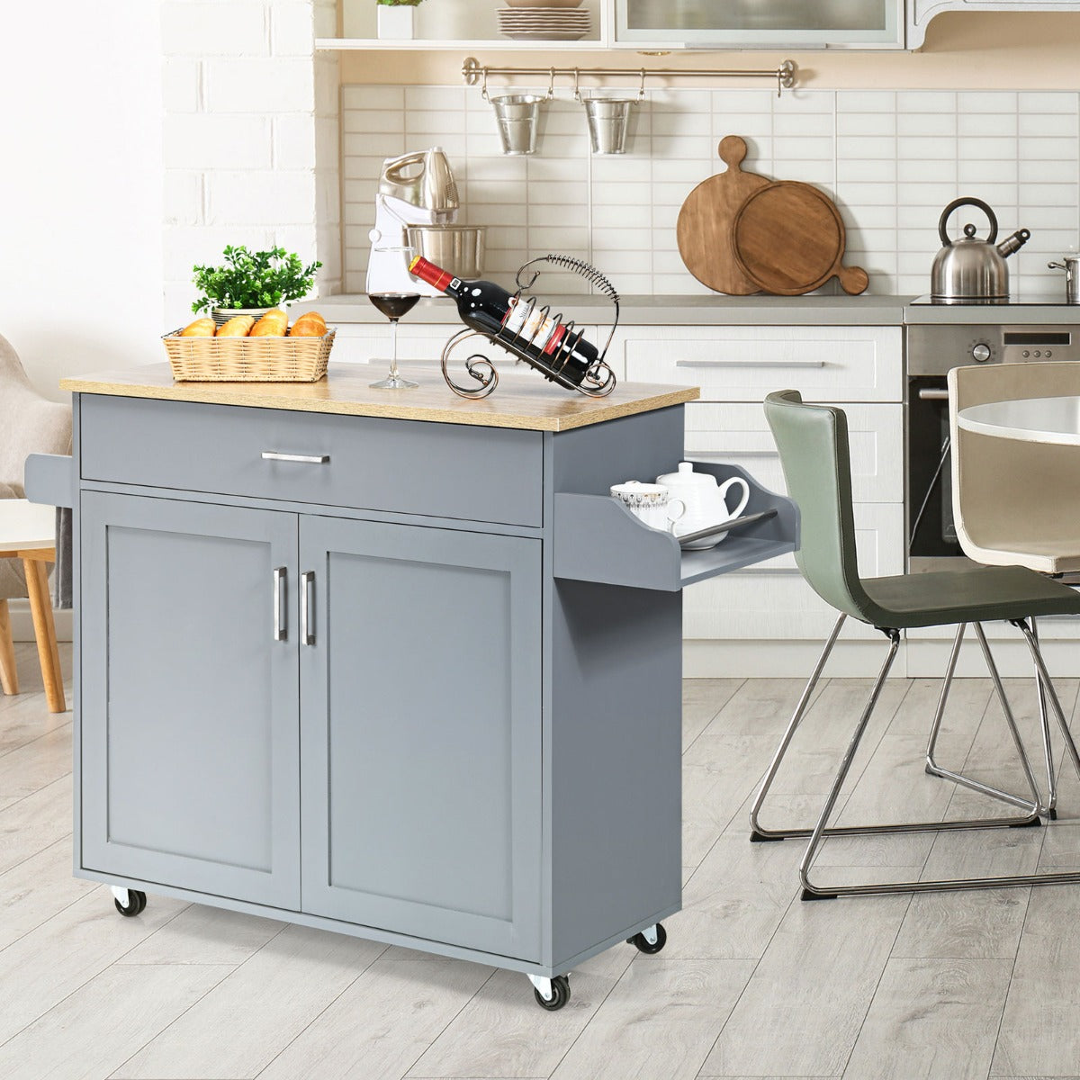 Kitchen Island Cart with Lockable Rubber Casters for Kitchen-Grey
