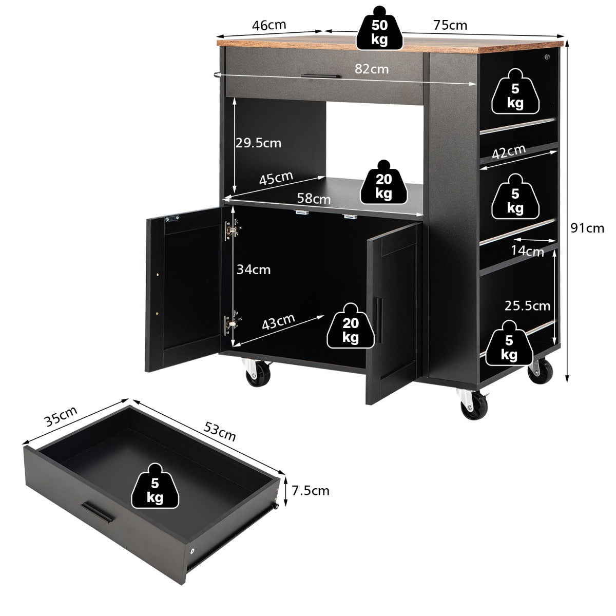 Rolling Kitchen Serving Trolley with 3 Spice Racks for Kitchen-Black