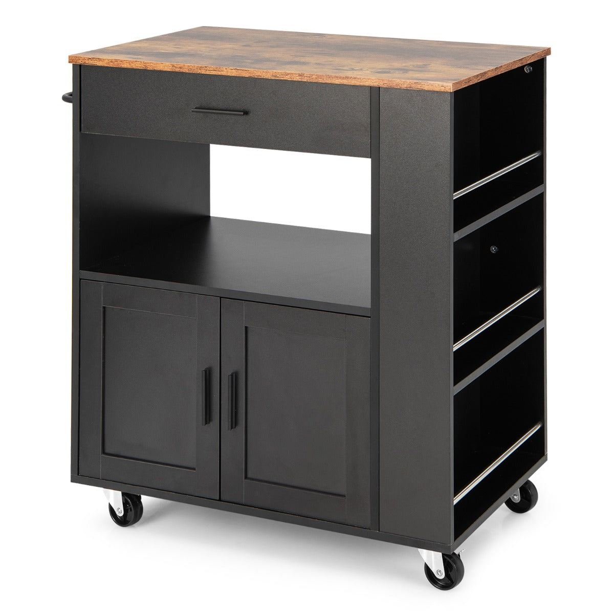 Rolling Kitchen Serving Trolley with 3 Spice Racks for Kitchen-Black
