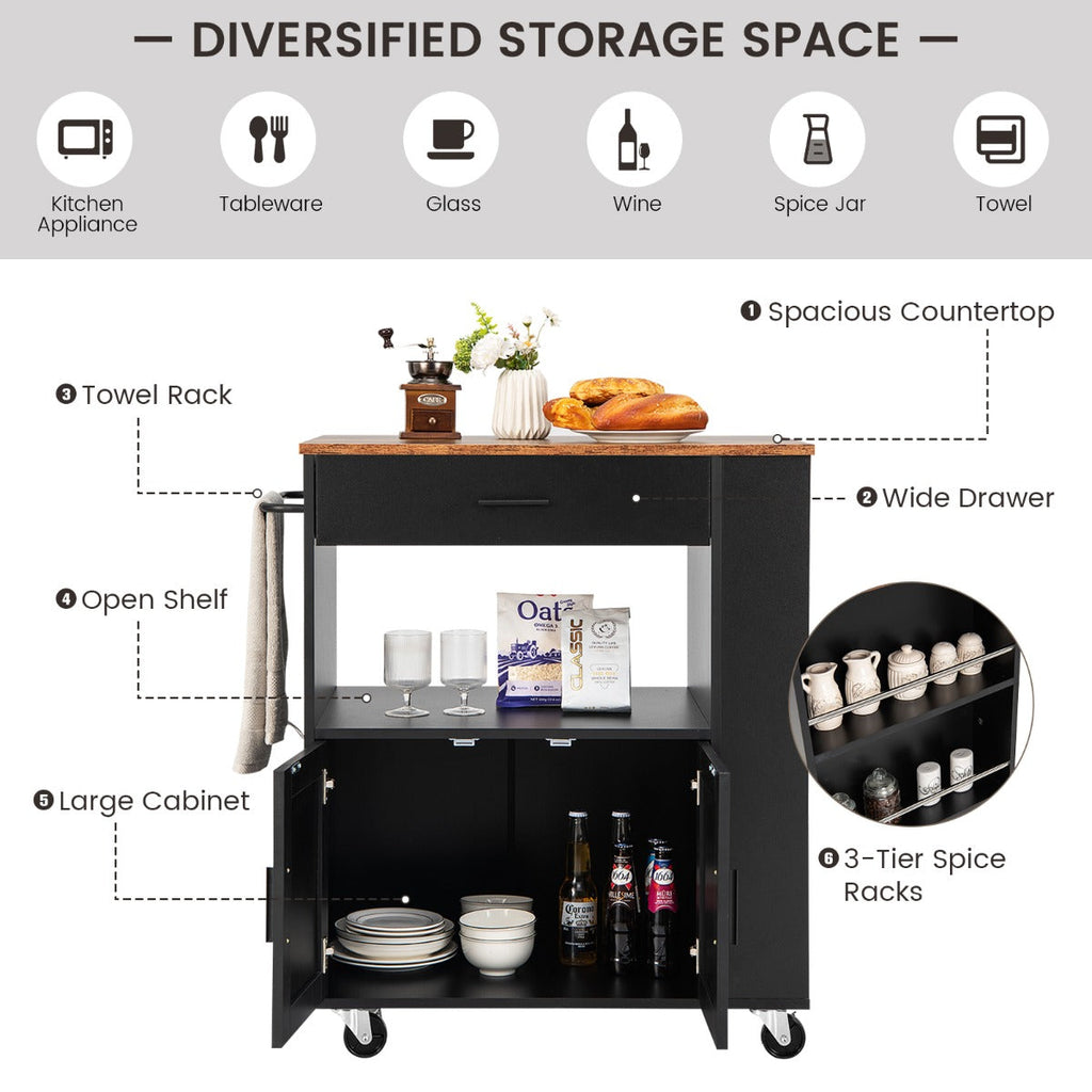 Rolling Kitchen Serving Trolley with 3 Spice Racks for Kitchen-Black
