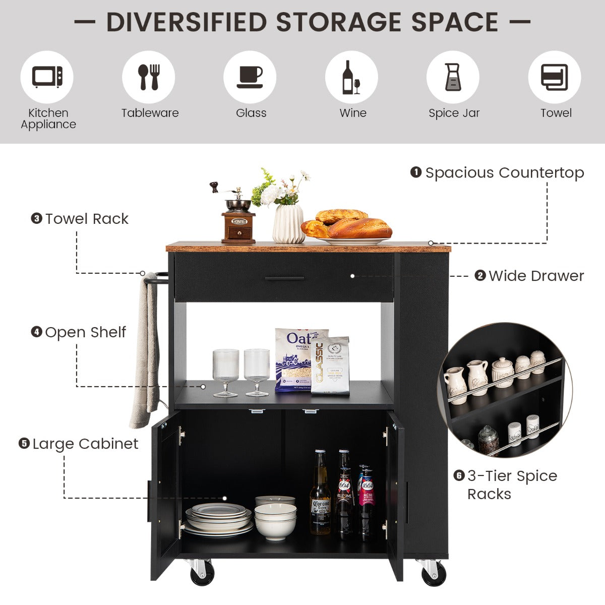 Rolling Kitchen Serving Trolley with 3 Spice Racks for Kitchen-Black