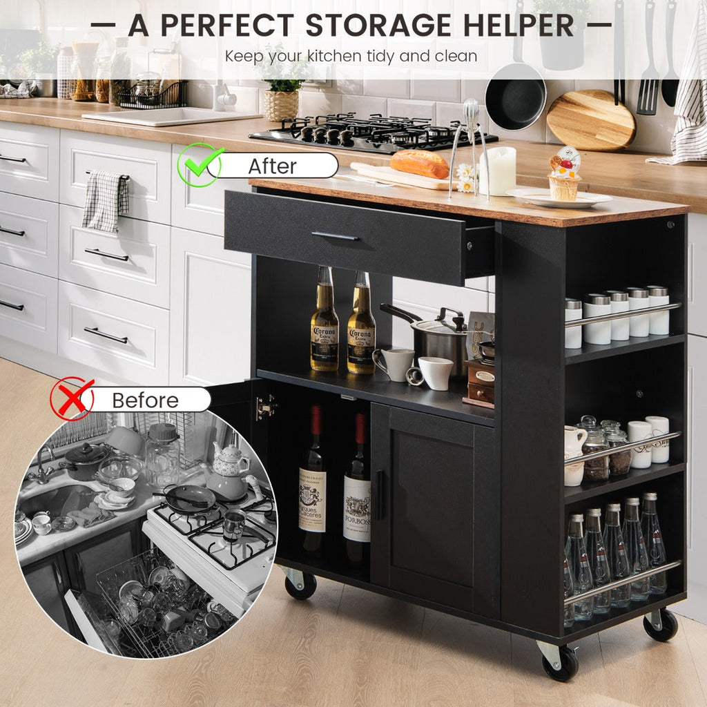 Rolling Kitchen Serving Trolley with 3 Spice Racks for Kitchen-Black