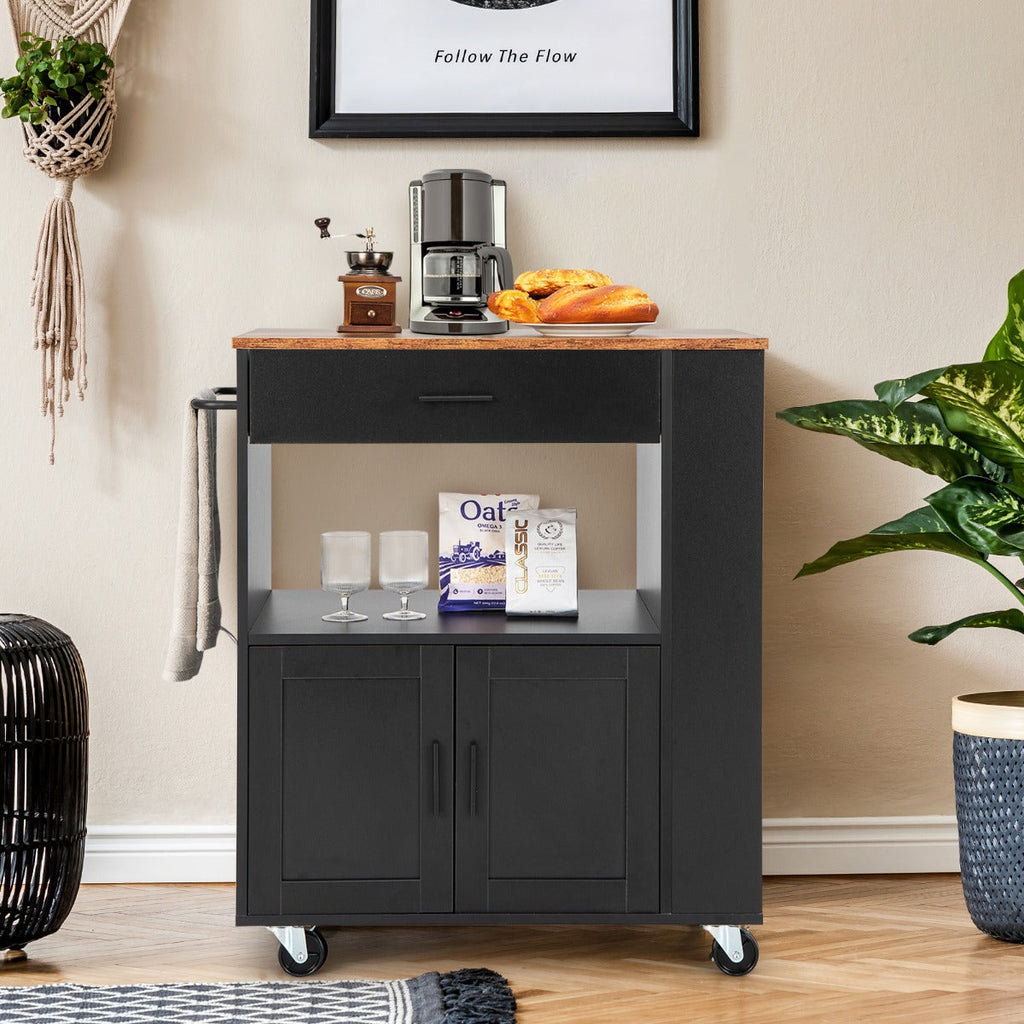 Rolling Kitchen Serving Trolley with 3 Spice Racks for Kitchen-Black