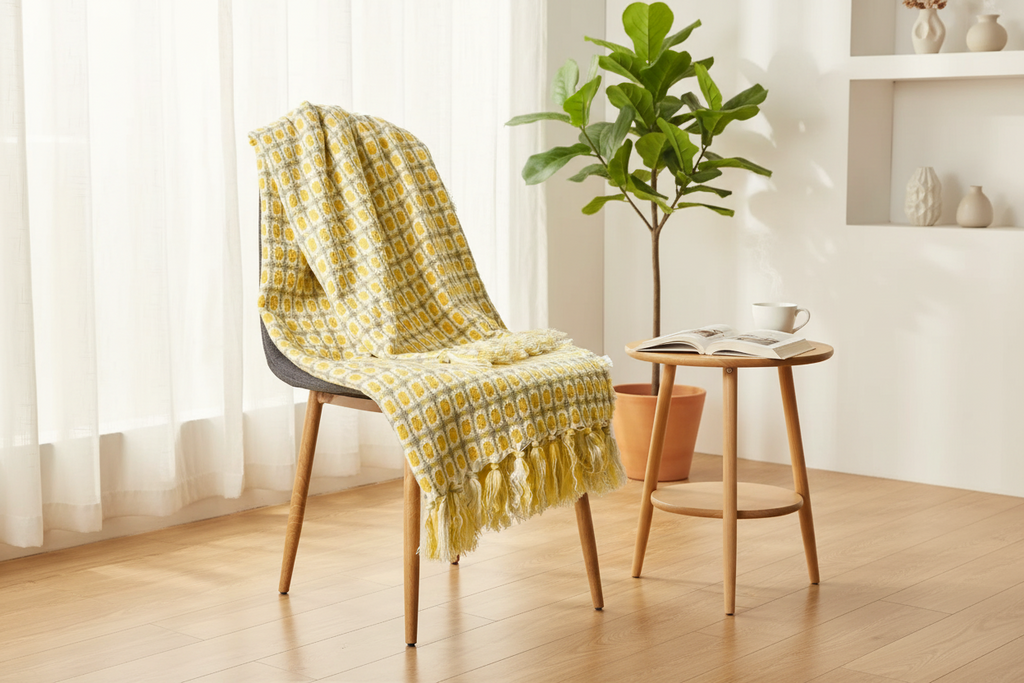 Yellow Houndstooth Knitted Throw Blanket