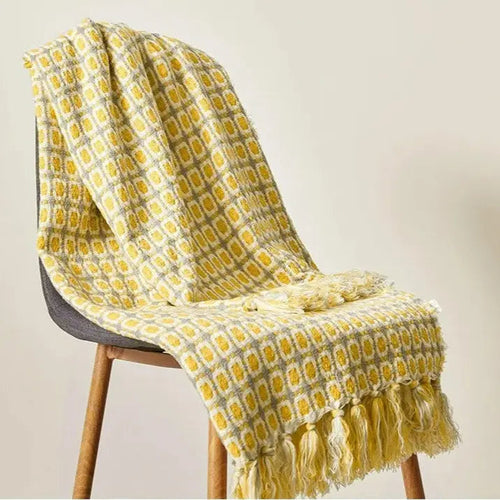 Yellow Houndstooth Knitted Throw Blanket